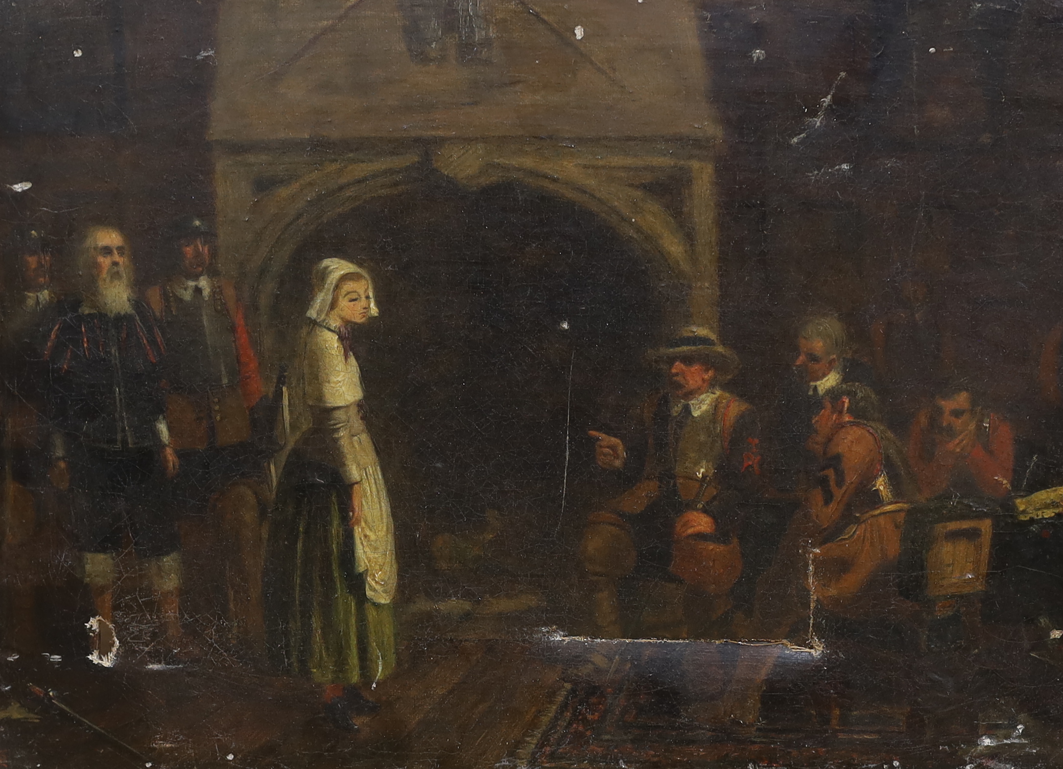 Victorian School, oil on canvas, 'Cromwell questioning Phoebe Mayflower', monogrammed TM, 26 x 36cm, unframed